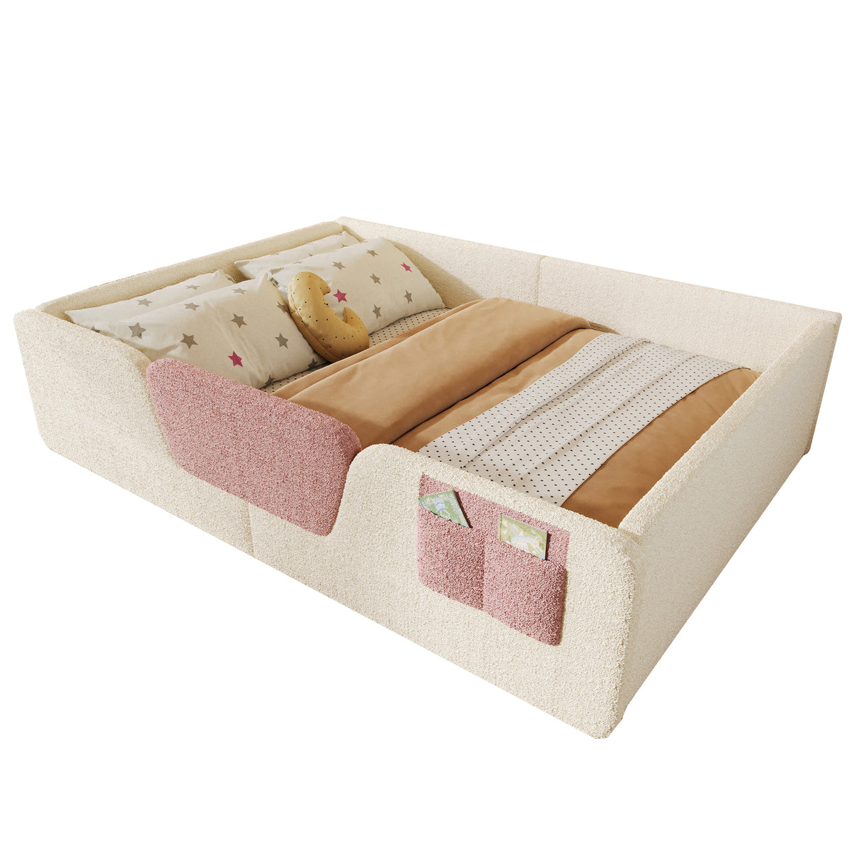 Upholstered Bed 140x190cm with Safety Rails & Storage, Beige Velvet