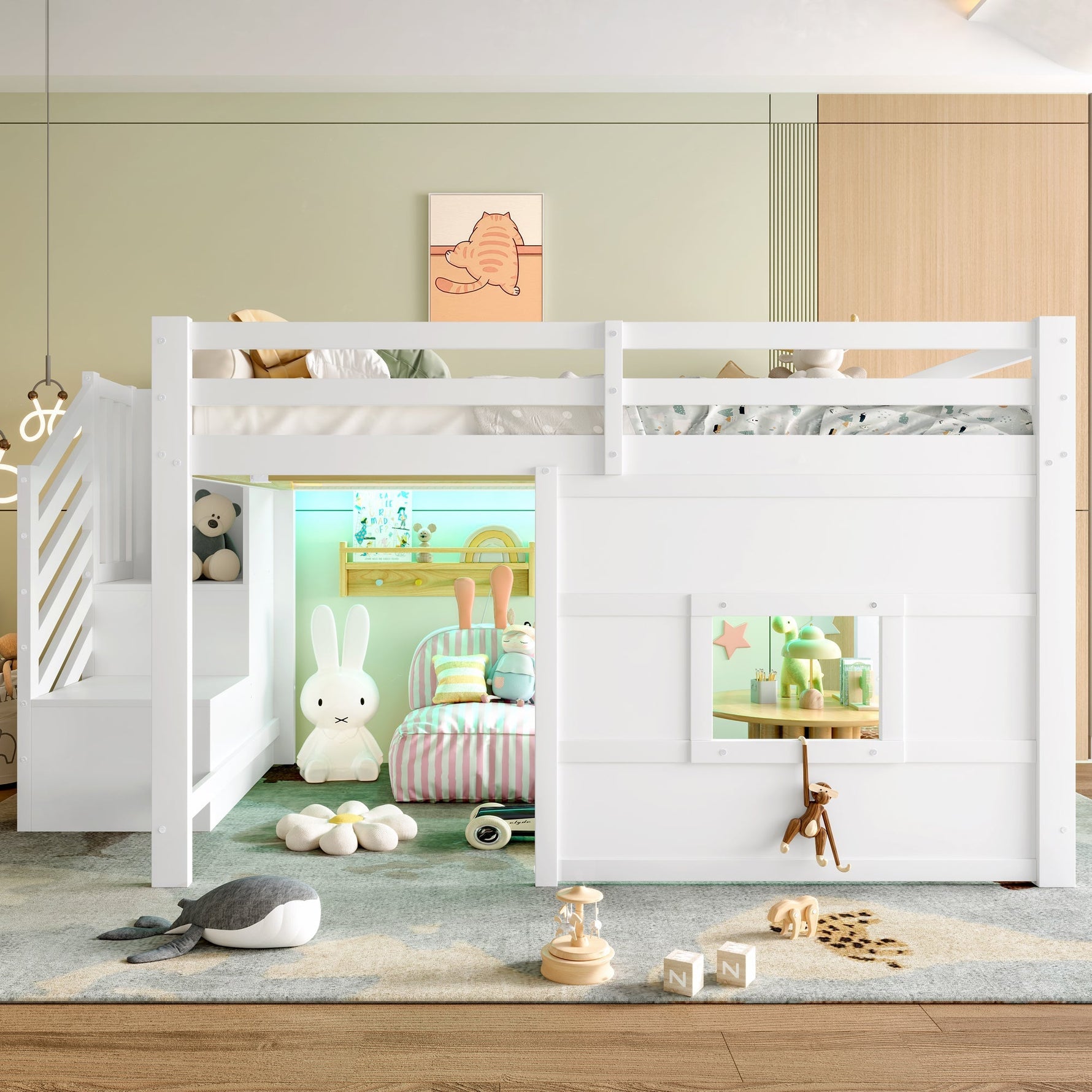 Loft Bed 140x200 with Storage Stairs and Window, White