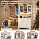 Tall Kitchen Cabinet with LED Lighting, Power Outlet and Spice Rack, White and Wood Look