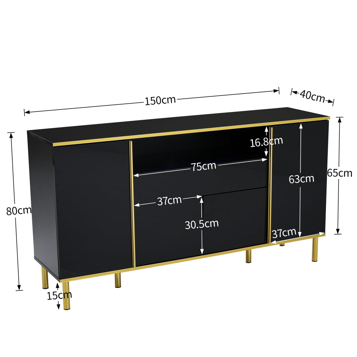 Sideboard, High-Gloss with 1 Drawer, Black