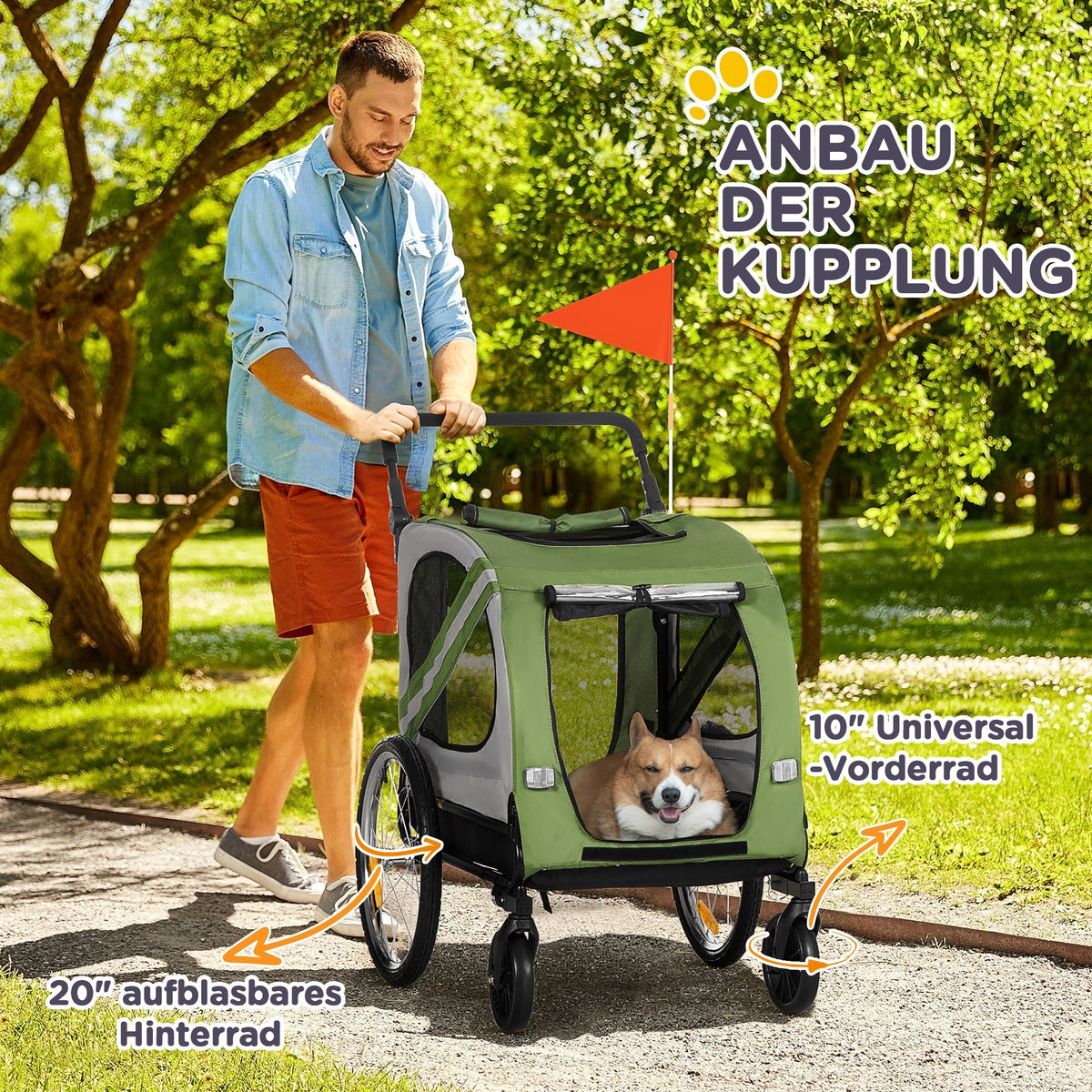 Dog Trailer & Stroller, 2-in-1, Reflectors, Oxford Fabric Green