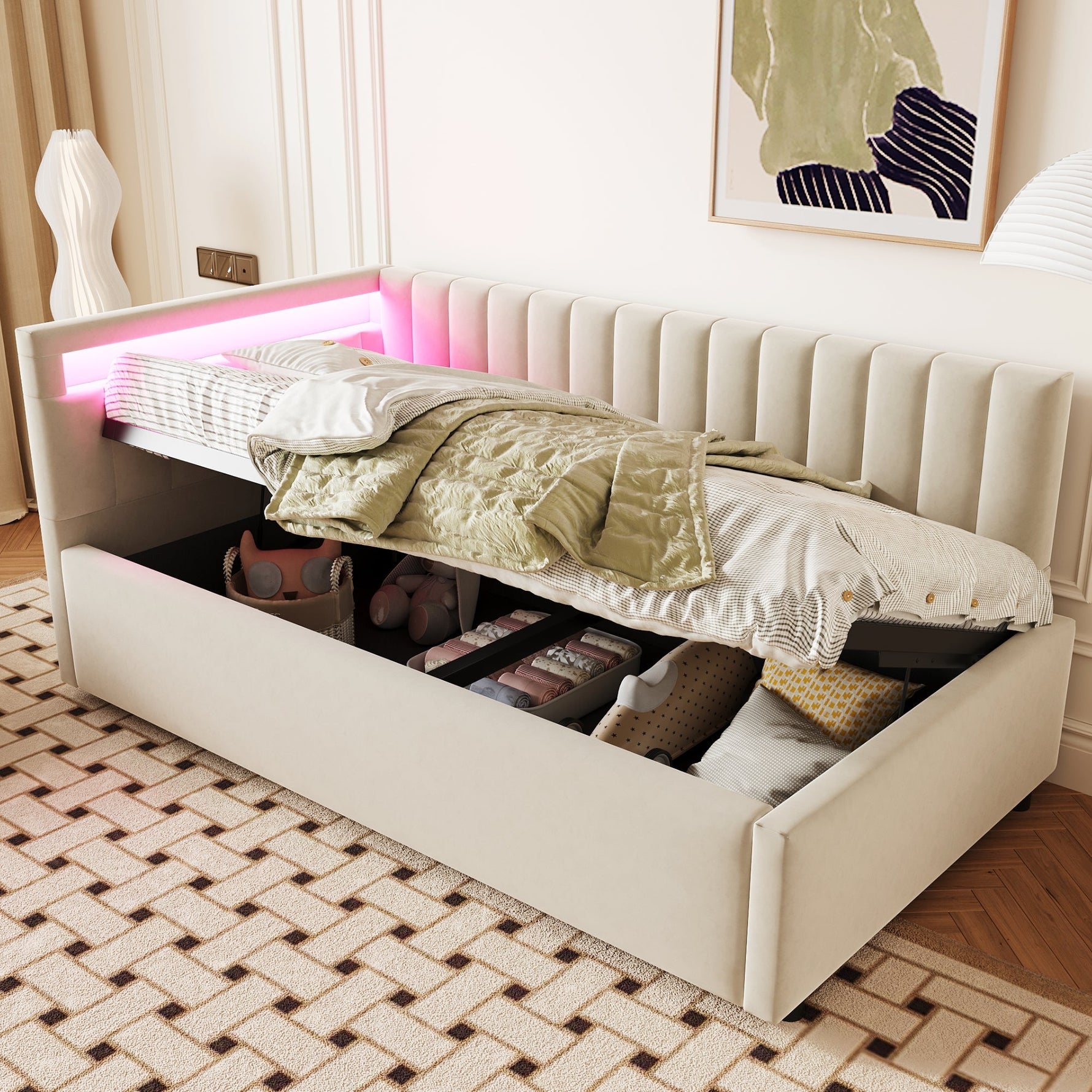Upholstered Sofa Bed 90x200 with LED & Storage, Velvet, Beige