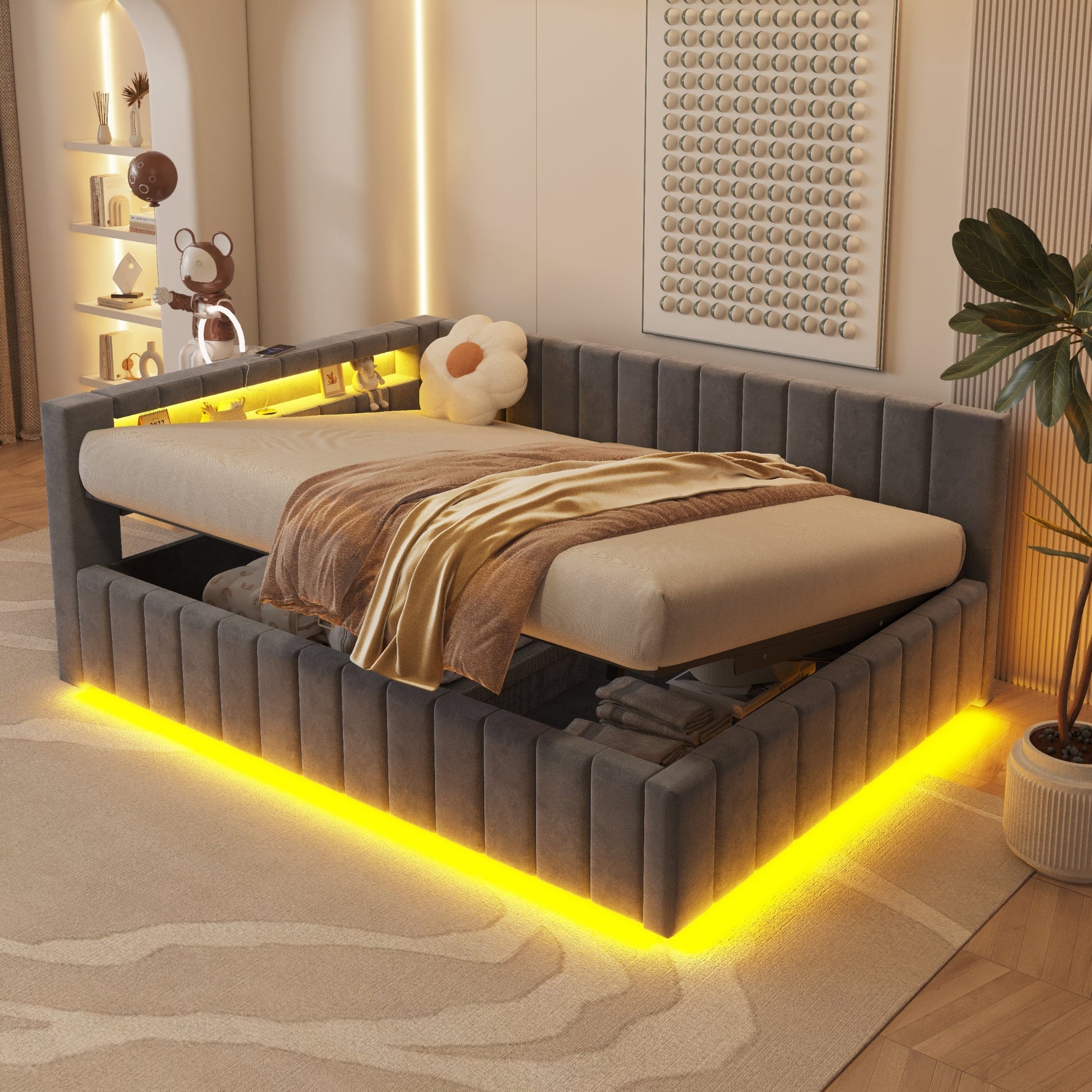 Upholstered Bed/Sofa Bed 140x200 Hydraulic Storage LED/USB Velvet Grey