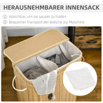 Bamboo laundry basket with lid and handles 90 liter 2 sections with removable fabric bag