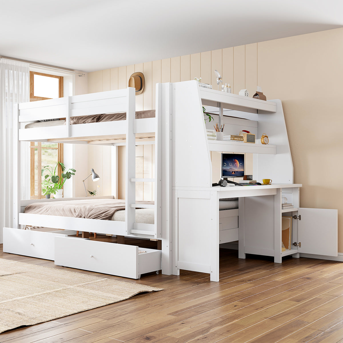 Bunk Bed 140x200cm with Desk, Cabinet & Drawers, White