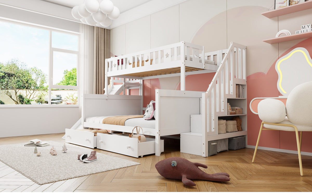 Children's Bed Bunk with Slide, Shelf, Drawers, White