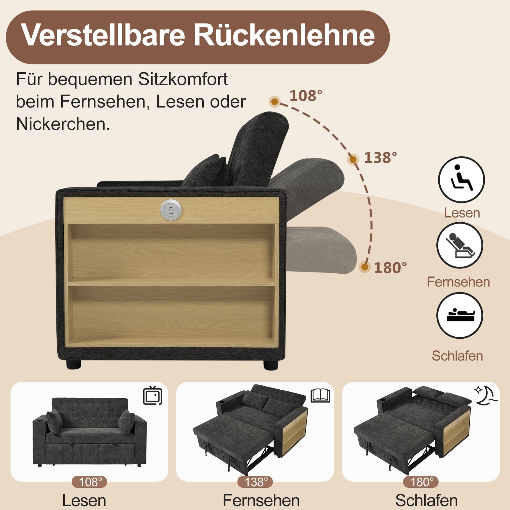 Sofa Bed, Folding with Storage, Cup Holder, USB, Gray