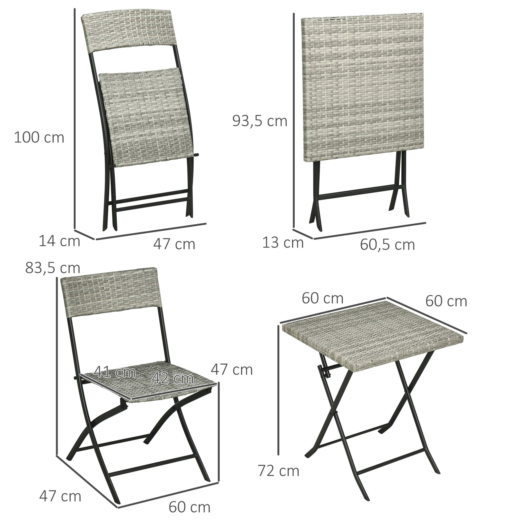 Balcony Furniture Set, 3-Piece Rattan Bistro with 2 Folding Chairs and Table, Light Grey Metal