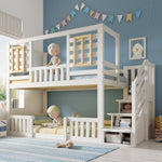 Bunk Bed with Cabin Style Windows and Staircase Cupboard, 90x200cm, White Wood