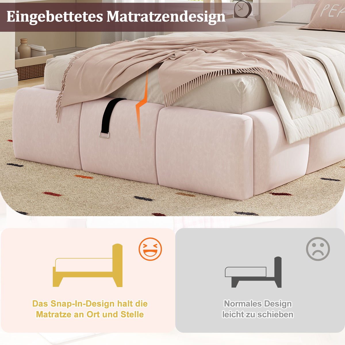 Upholstered Bed 90x200cm with Storage & USB Port, Pink Velvet