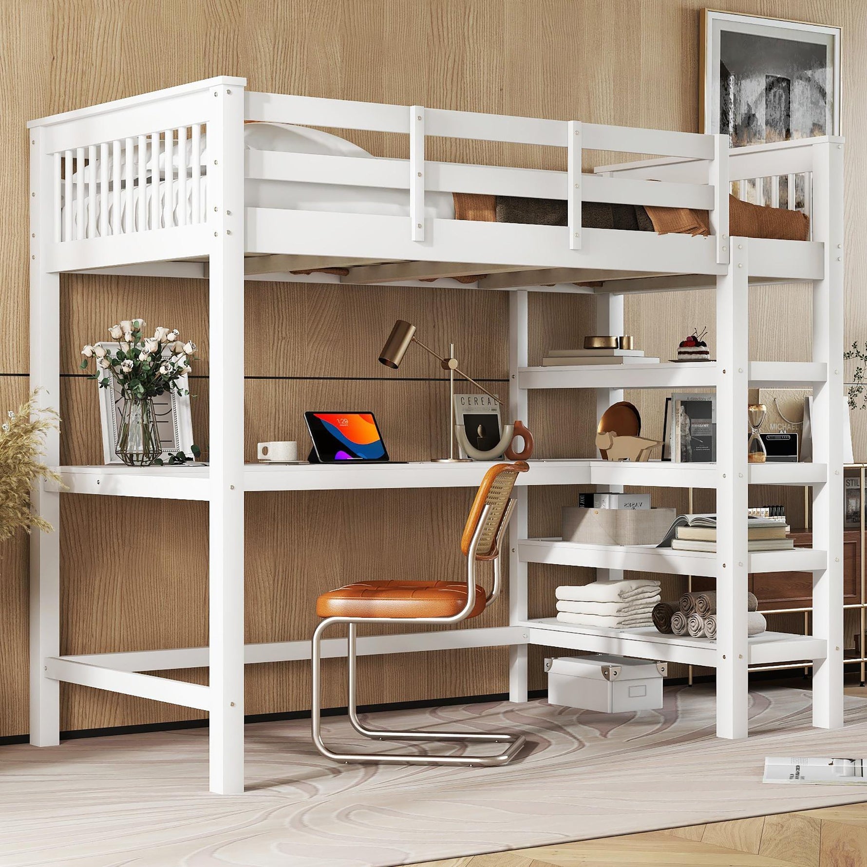 Loft Bed 90x200cm Storage Under-Bed Desk - White