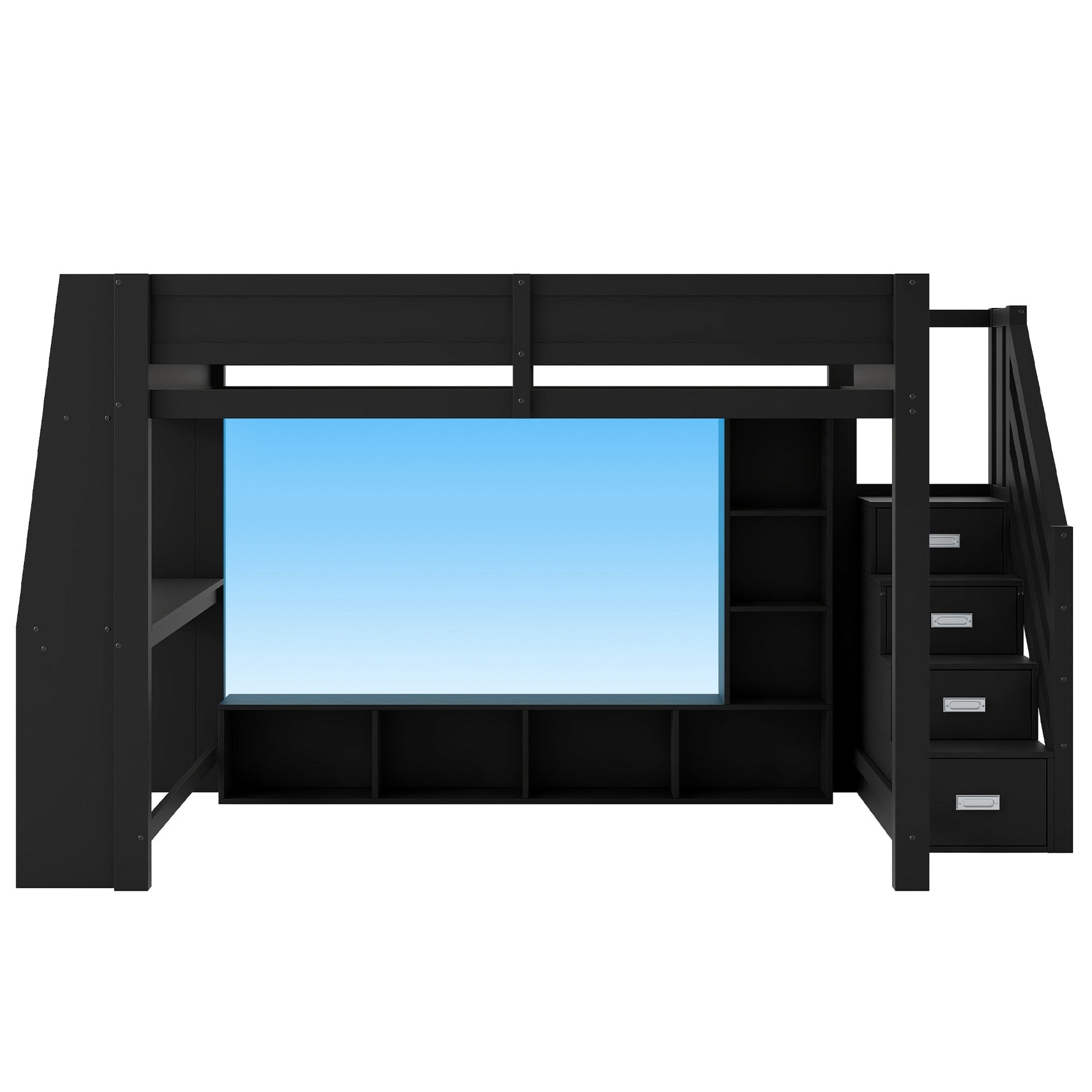 Loft Bed with Desk, Storage Stairs and LED Lighting, 140x200cm, Black Wood