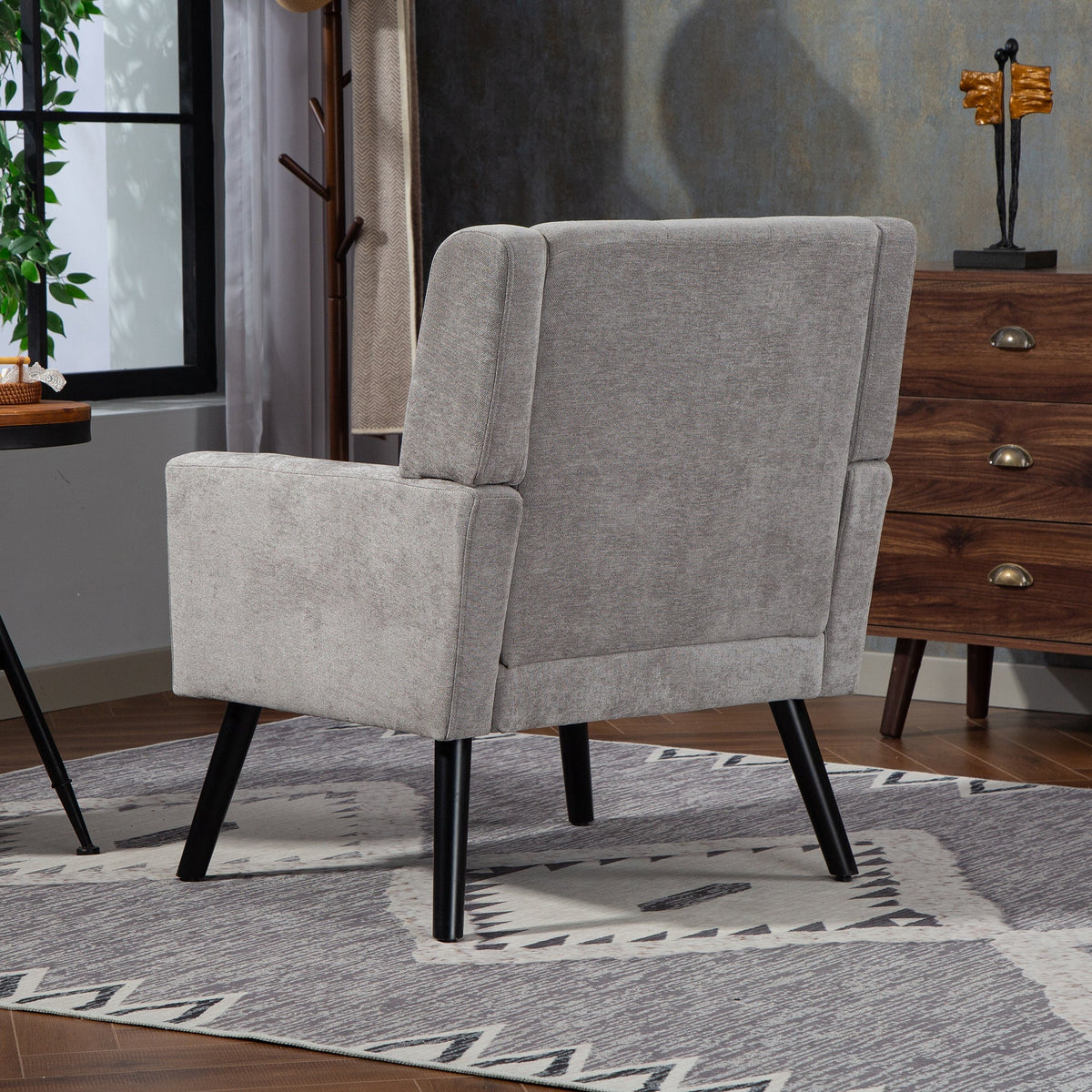 Mid-Century Modern Armchair with Buttoned Padding and Solid Wood Legs, Black Suede