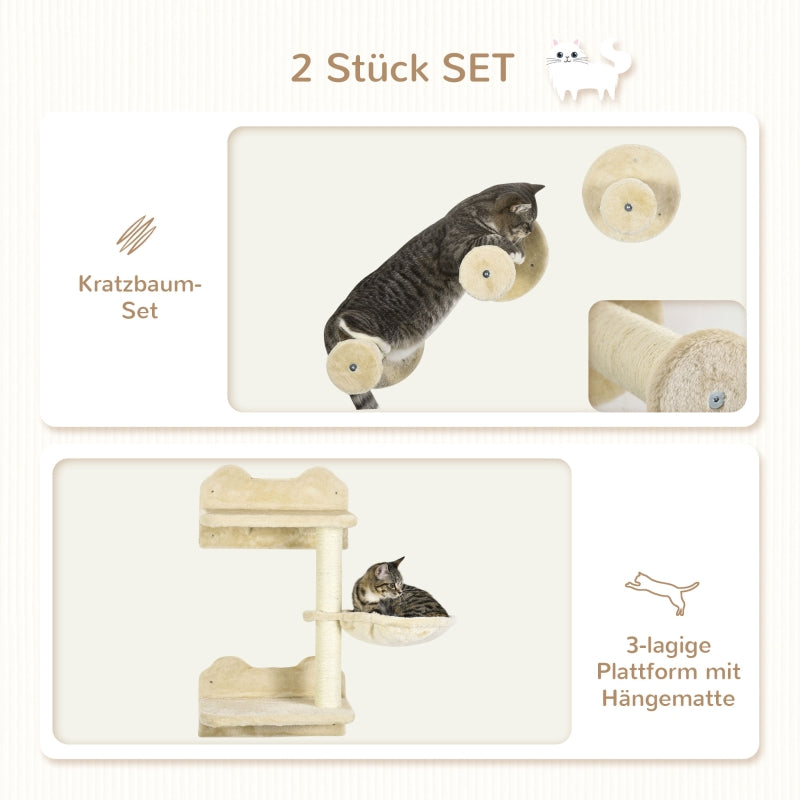 Cat Climbing Steps Set, 4-Piece Wall Stairs with Scratching Post & Hammock, Beige/Cream-White