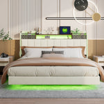 Upholstered Bed, 160*200 LED, USB, Storage, Floating, Linen Fabric, Beige