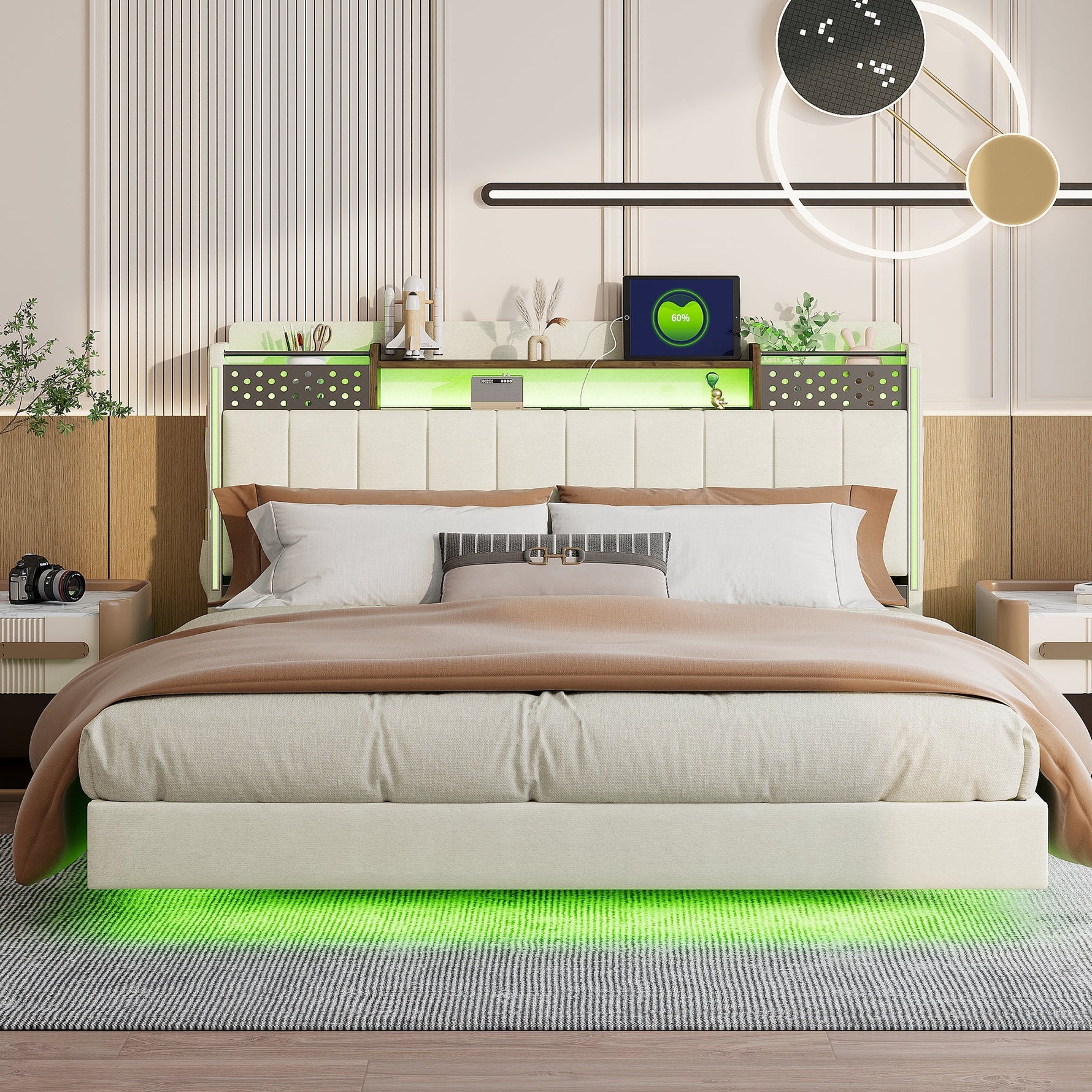 Upholstered Bed, 160*200 LED, USB, Storage, Floating, Linen Fabric, Beige