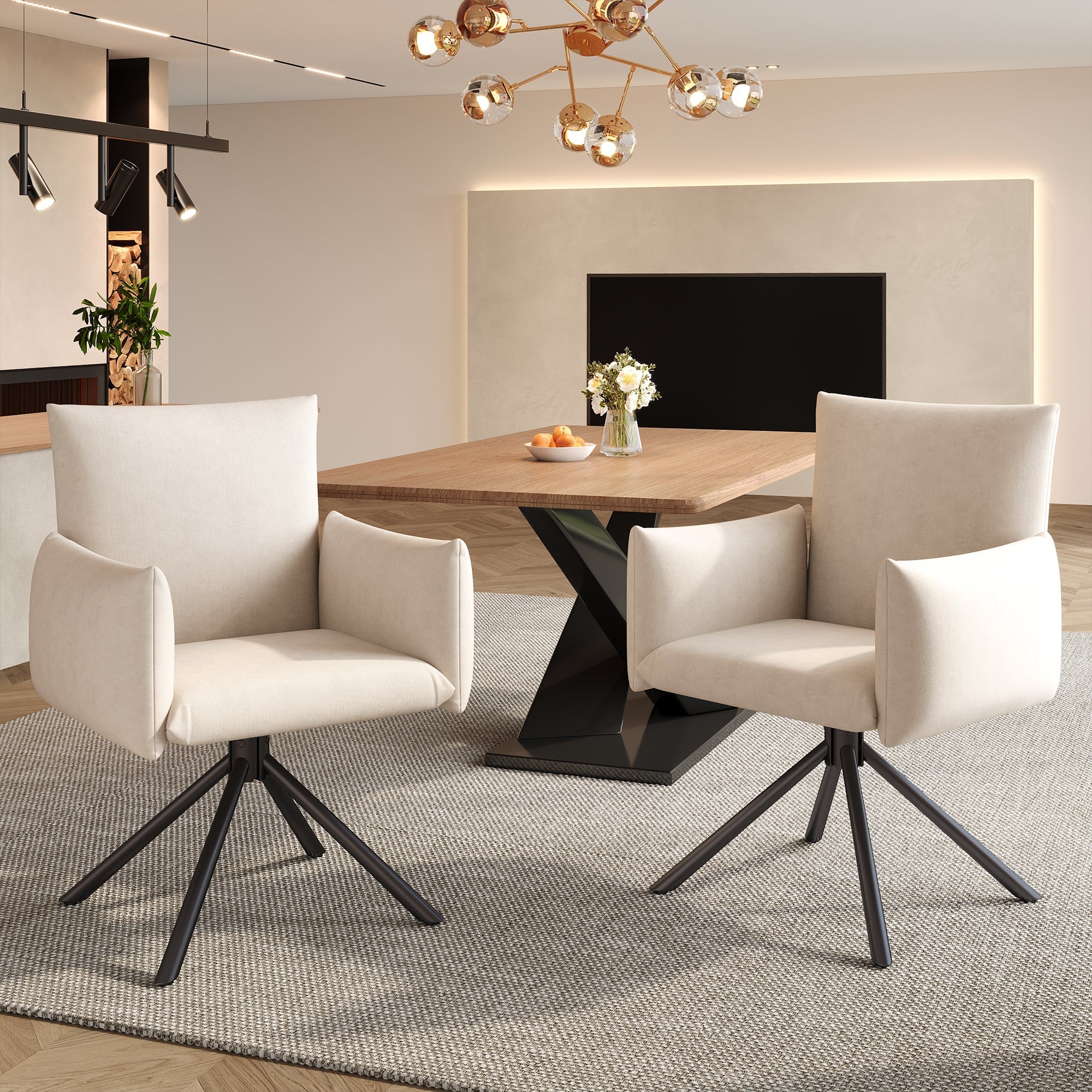 Dining Chairs Set of 2, 360° Swivel Upholstered Armchair with Lumbar Support, Beige Velvet