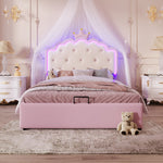 Upholstered Bed with LED Lighting and Hydraulic Storage, 140 x 200 cm, Pink PU
