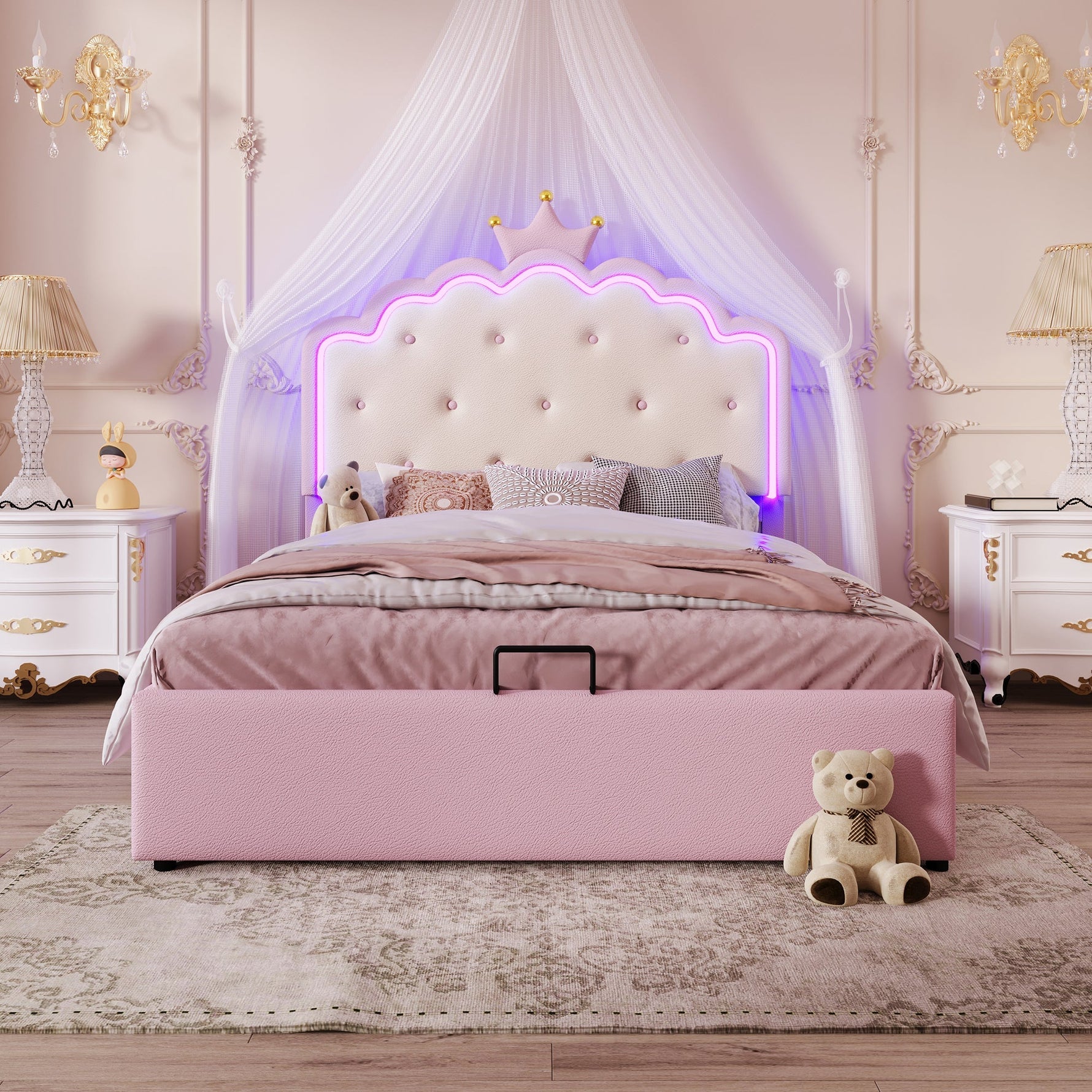 Upholstered Bed with LED Lighting and Hydraulic Storage, 140 x 200 cm, Pink PU