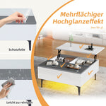 Coffee Table, Height-Adjustable with Hidden Storage and Shelves, White High-Gloss