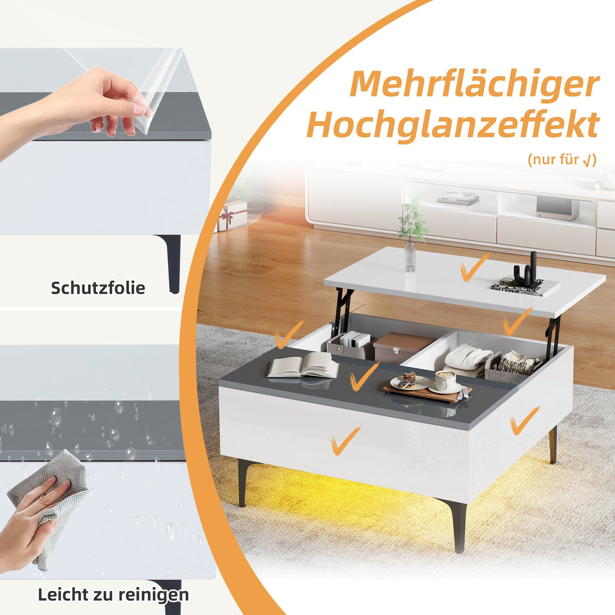 Coffee Table, Height-Adjustable with Hidden Storage and Shelves, White High-Gloss