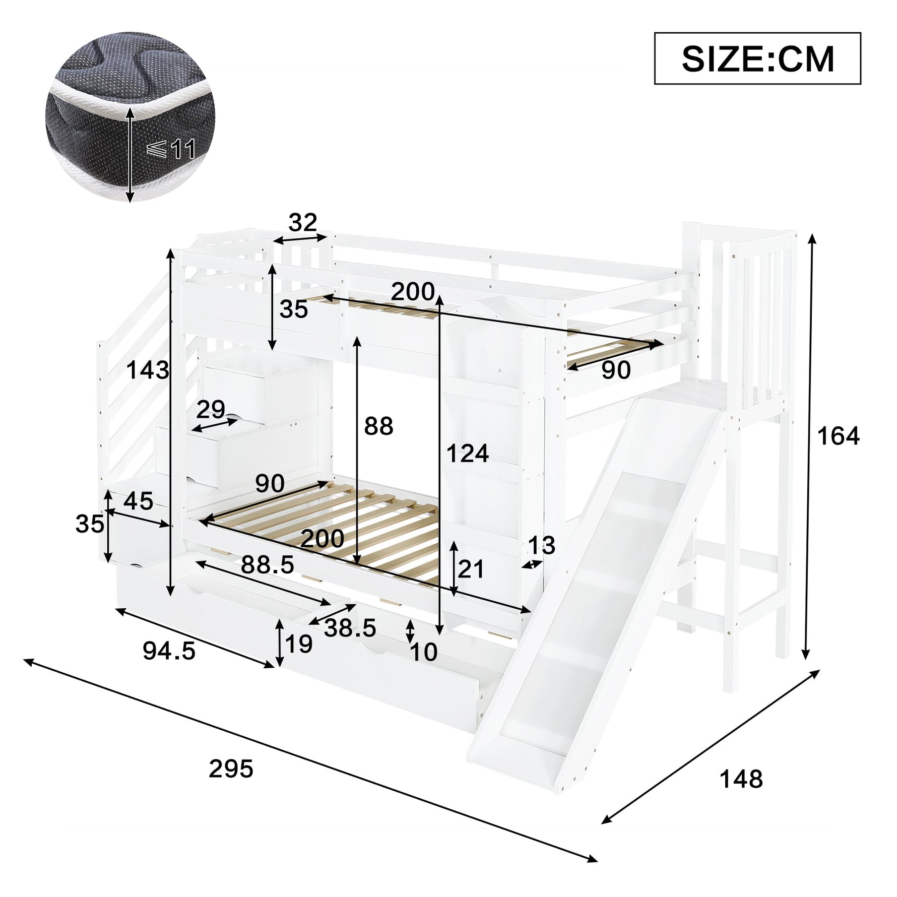 Bunk Bed with Slide, Stair Storage, Bookshelf and Drawers, 90x200cm, White Pine + MDF