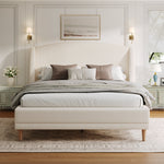 Upholstered Bed 140x190 cm with Winged Headboard and Slatted Base, Ivory White Bouclé Fabric