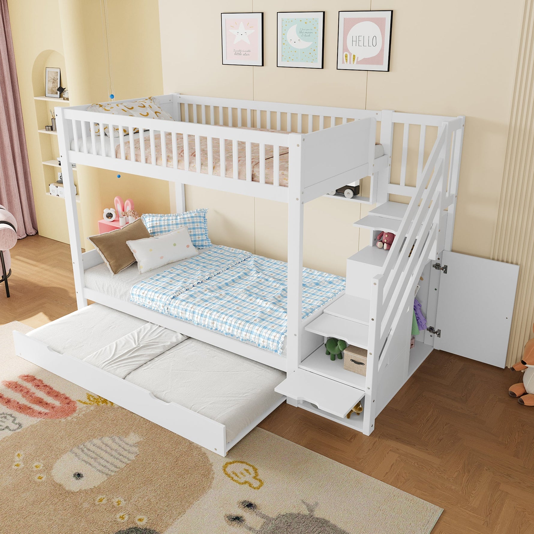 Bunk Bed 90x200cm Pull-out Bed with Shelf, Wardrobe & Storage - White