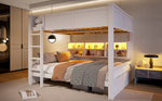 Bunk Bed with Storage Cabinets and LED Light, 160x200cm, White