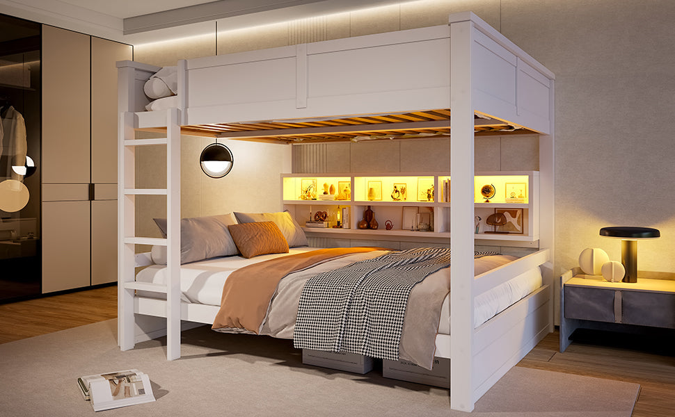 Bunk Bed with Storage Cabinets and LED Light, 160x200cm, White