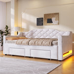 Upholstered Daybed with Two Drawers and LED Lighting, 90x200 to 180x200cm, White