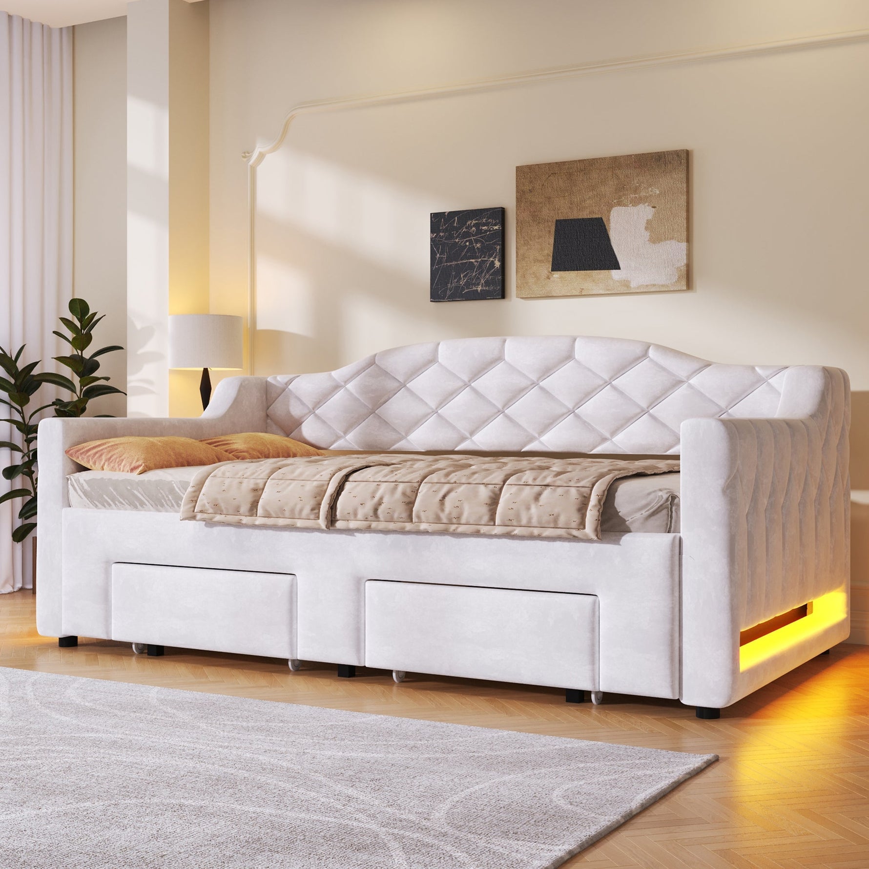 Upholstered Daybed with Two Drawers and LED Lighting, 90x200 to 180x200cm, White