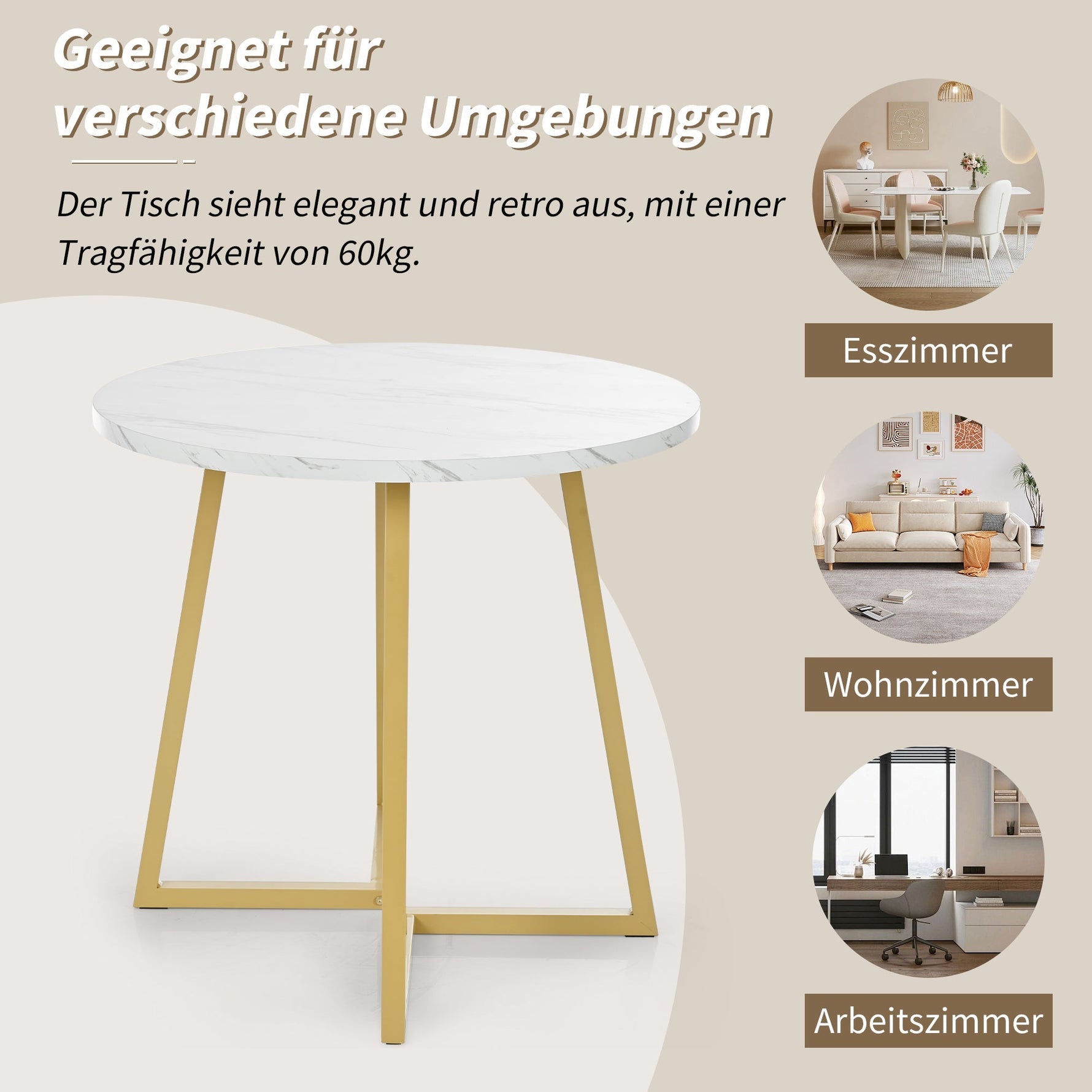 Round Dining Table Unique Metal Frame Marble Pattern White/Gold