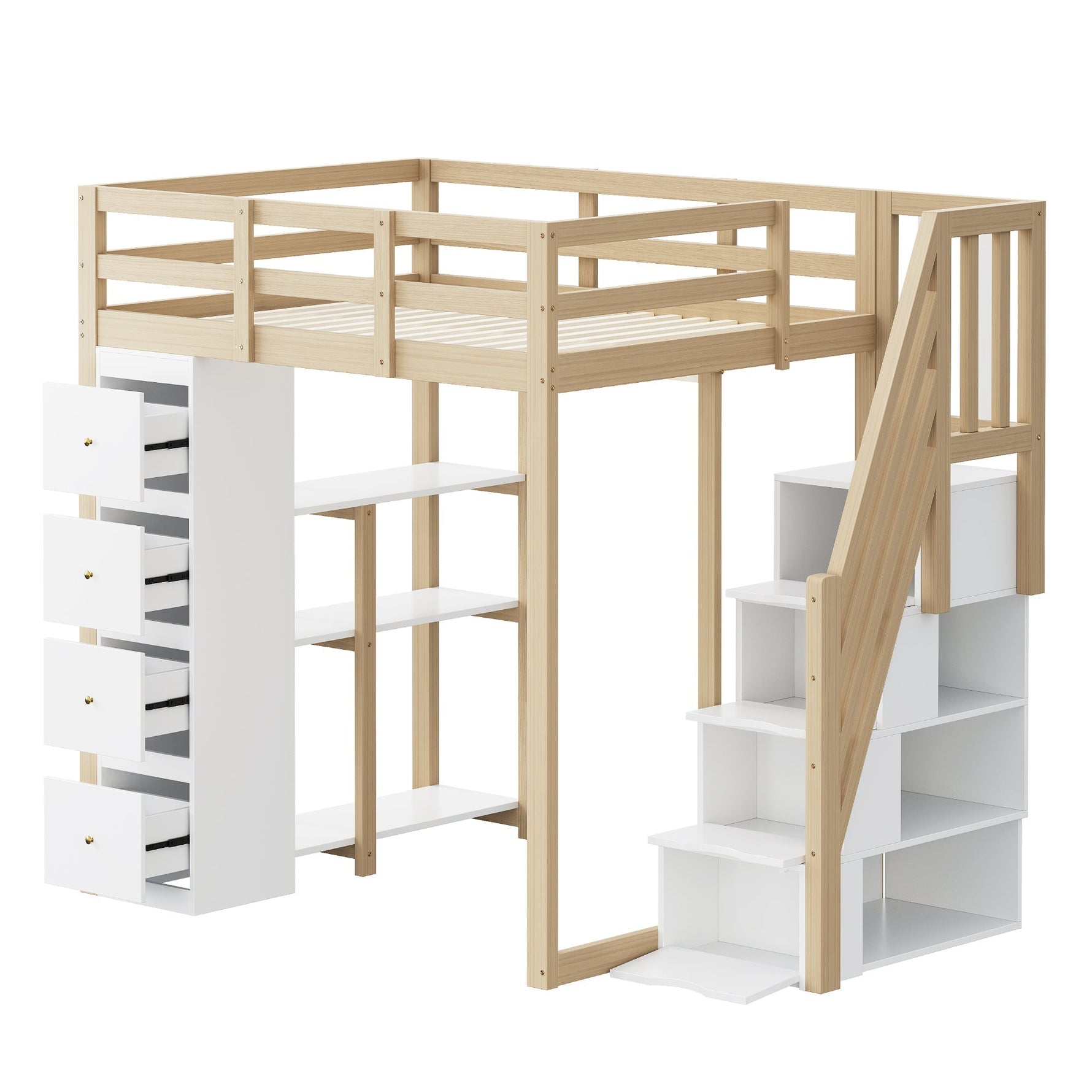 Loft Bed 140x200cm with Storage Drawers, Shelves, & Ladder, Solid Wood
