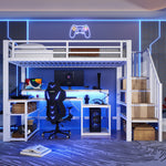 Loft Bed with Desk, LED Light Strip and Storage Staircase, 90 x 200 cm, White Iron Frame