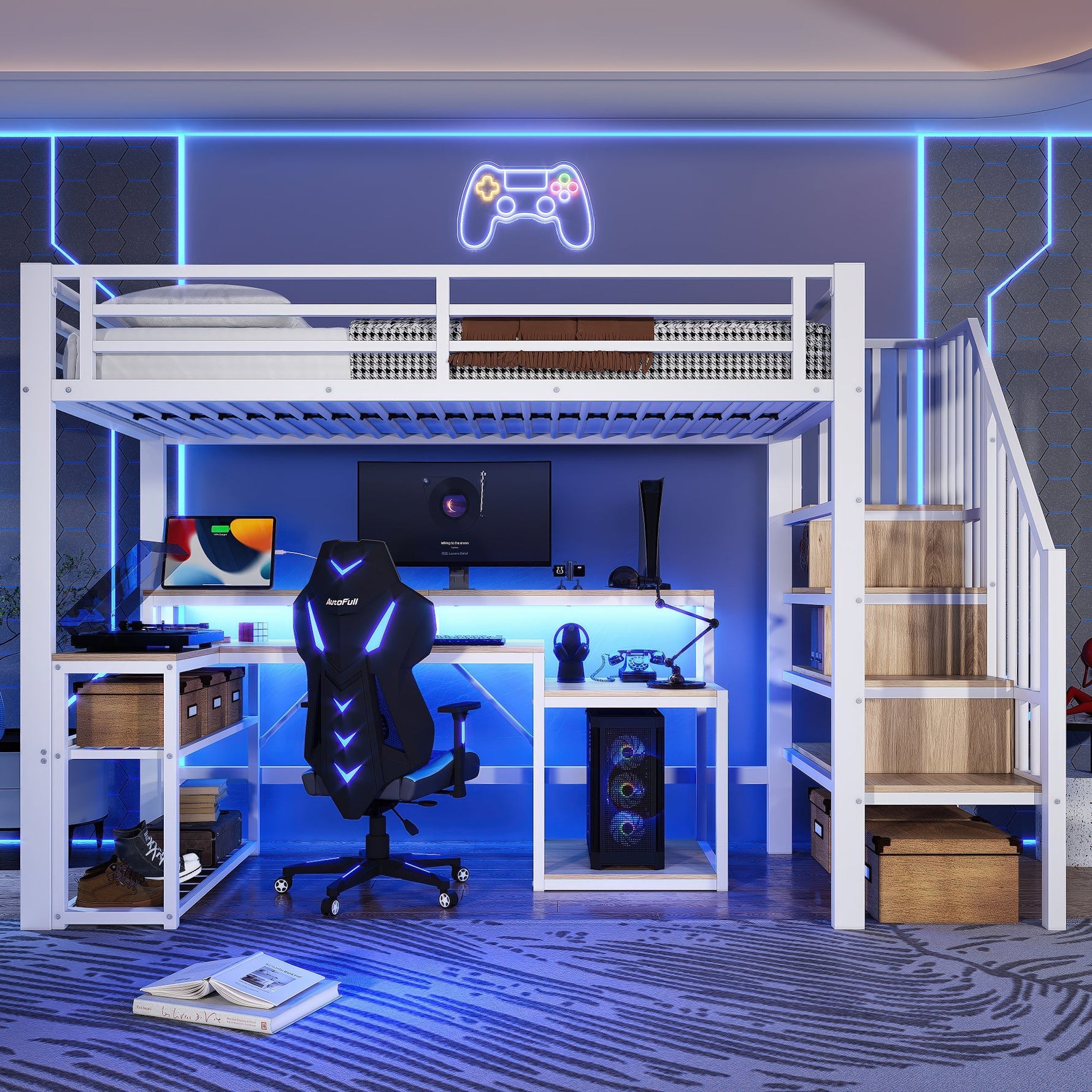Loft Bed with Desk, LED Light Strip and Storage Staircase, 90 x 200 cm, White Iron Frame