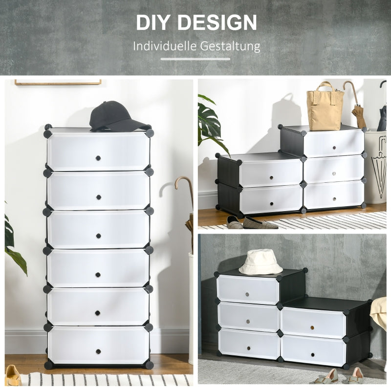 Shoe Rack Shelf for 6 Pairs of Shoes, Modular DIY, Plastic Black+White