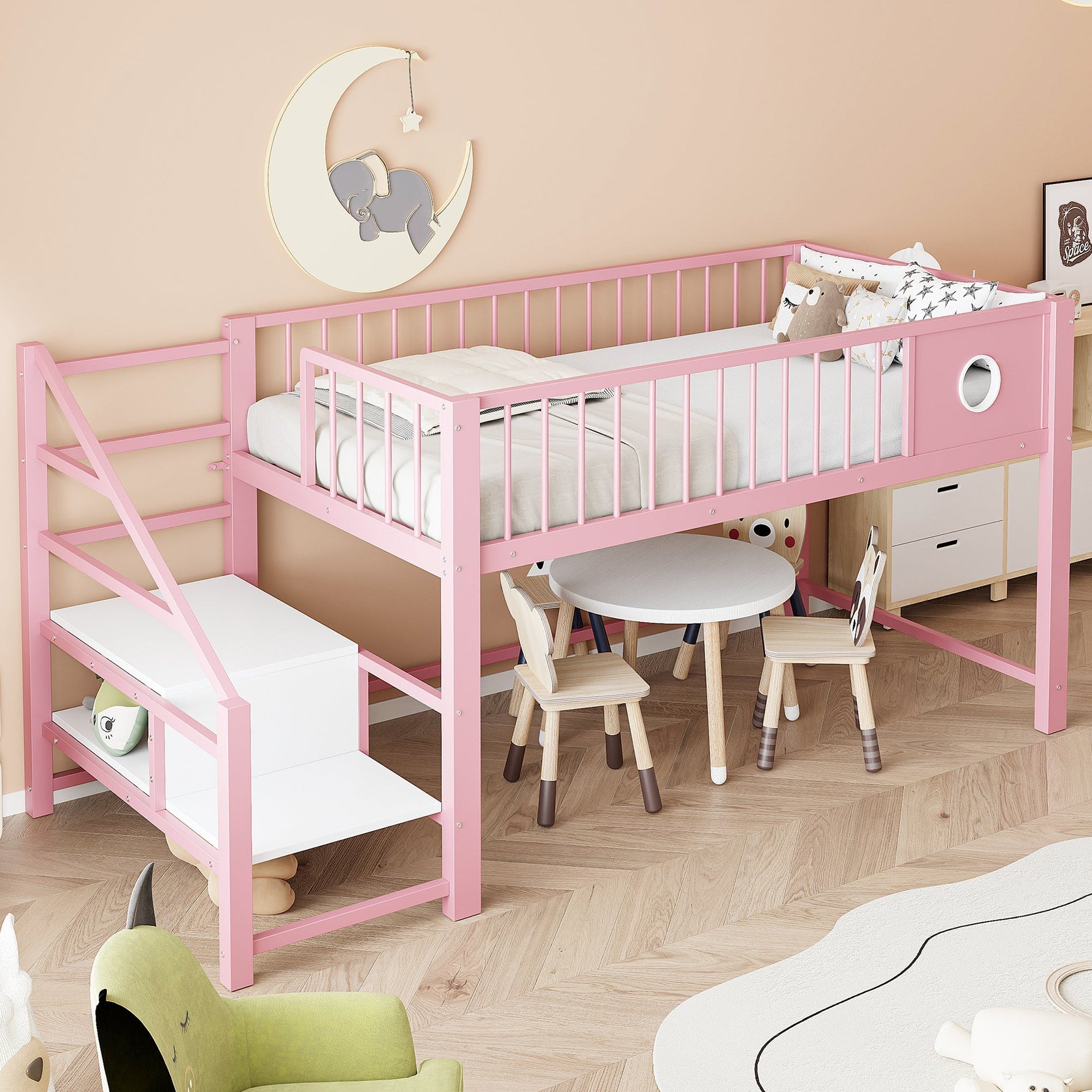 Low Loft Bed for Children with Storage Ladder and Metal Frame, 90x200cm, Pink Metal