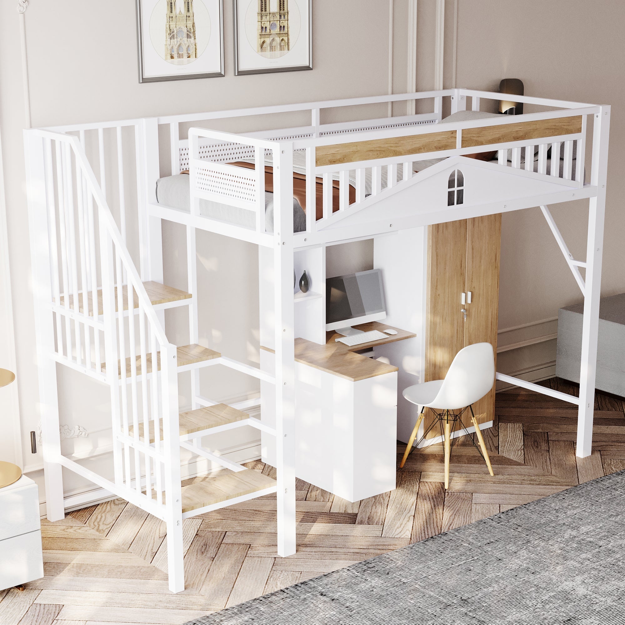 Metal Loft Bed, 90x200cm, Safety Rail with Window & Ladder, White