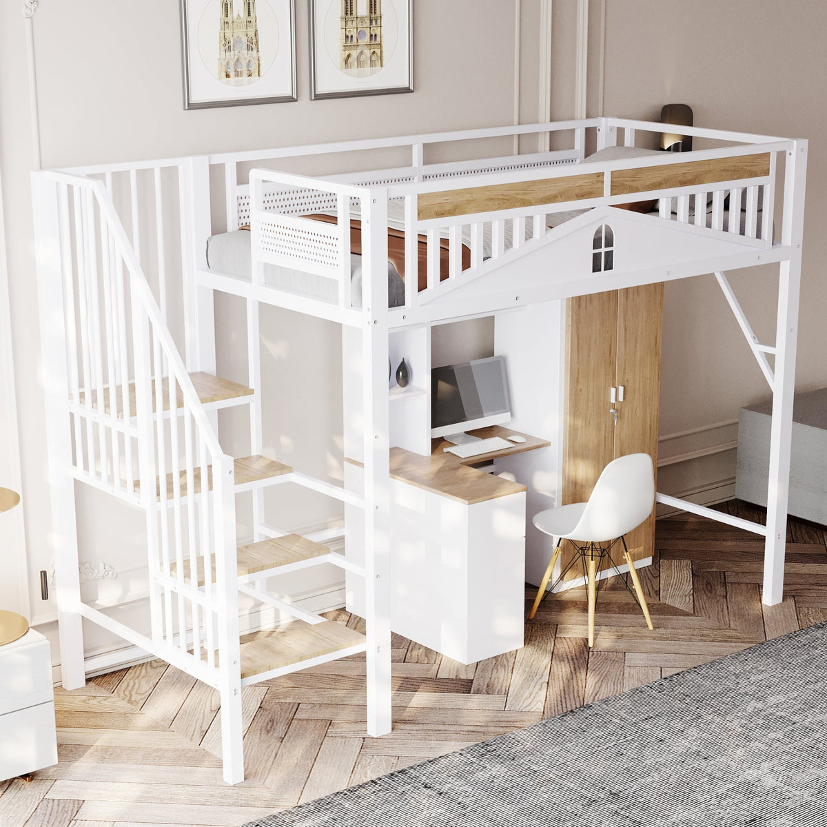 Metal Loft Bed, 90x200cm, Safety Rail with Window & Ladder, White
