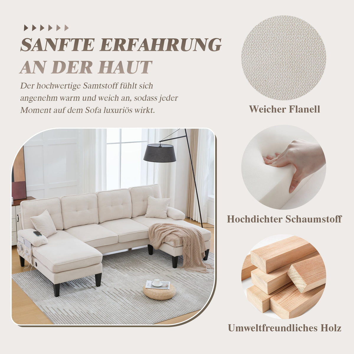 U-shaped Sofa Large 4-Seater Two Chaise Lounges Linen Fabric Beige