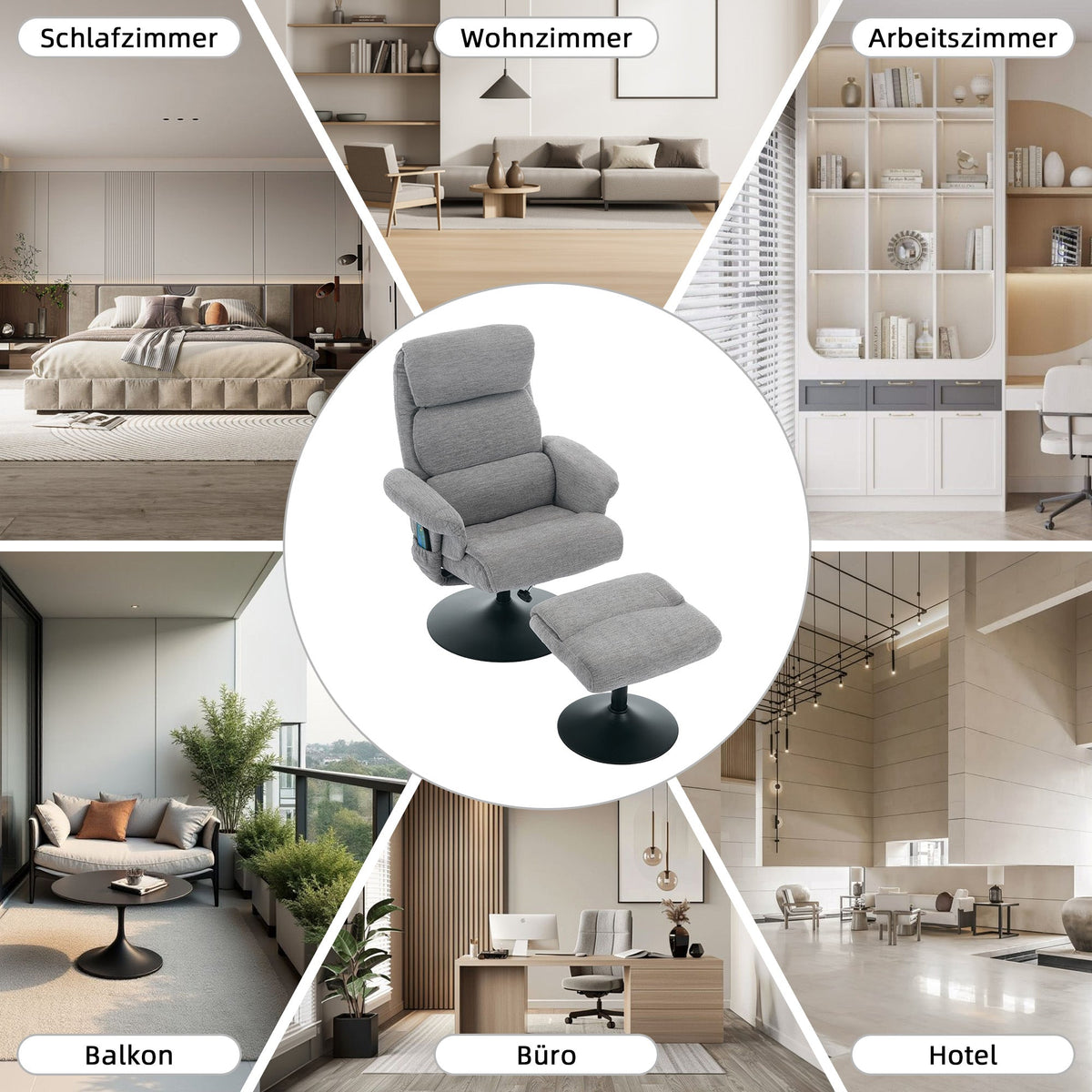 023 Recliner Chair, 5-Point Massage, Heated, 360° Swivel, Chenille Fabric Grey