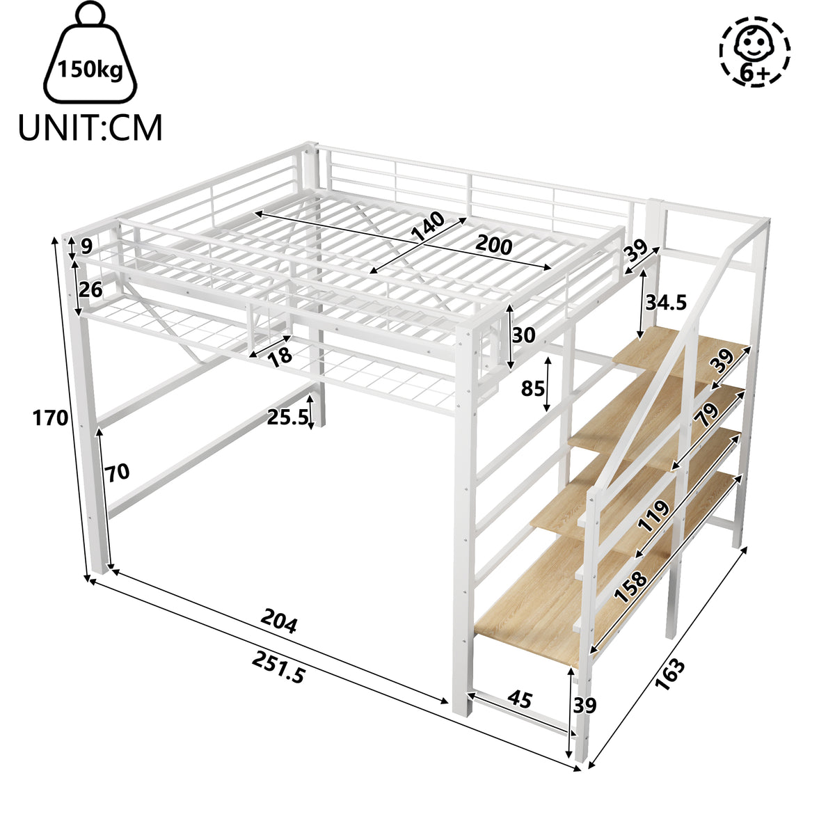 Loft Bed 140x200cm with LED Lights & Storage - White Metal