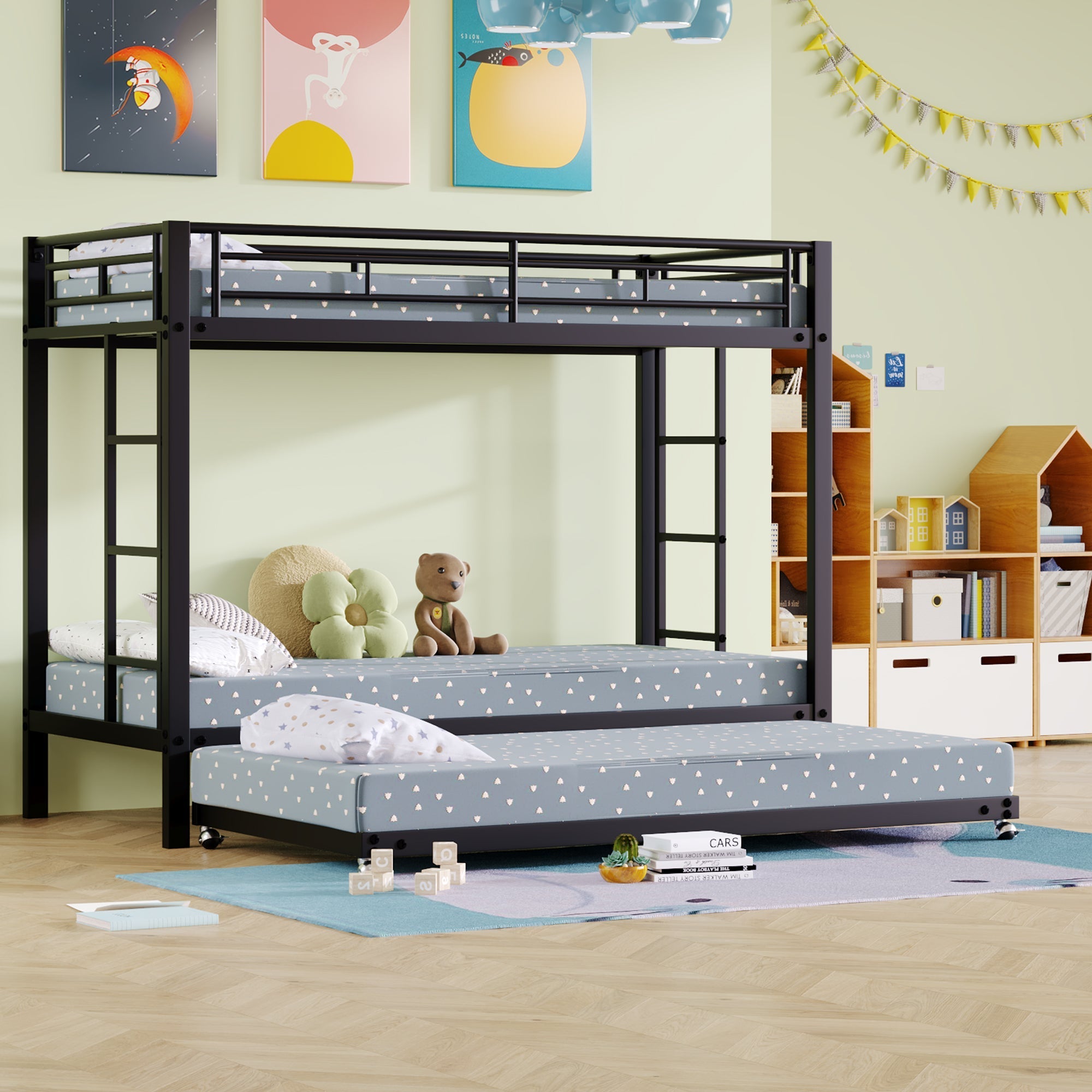 Bunk Bed 90x200cm with Pull-Out Bed Safety Railings EN747 Certified - Black Iron Frame
