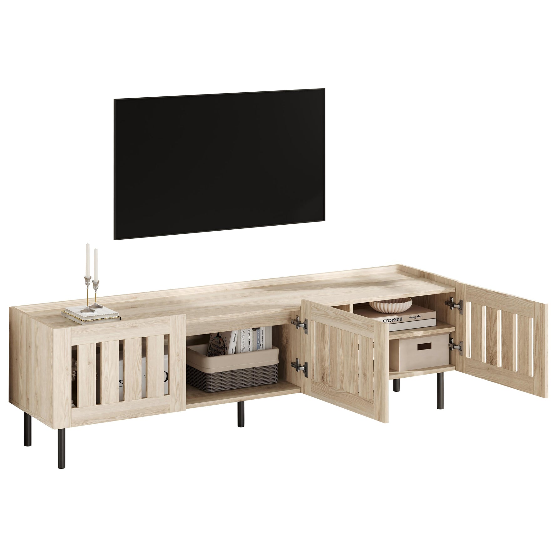 Minimalist Lowboard TV Stand 160cm Openwork Design for 65-inch TV - Natural Wood