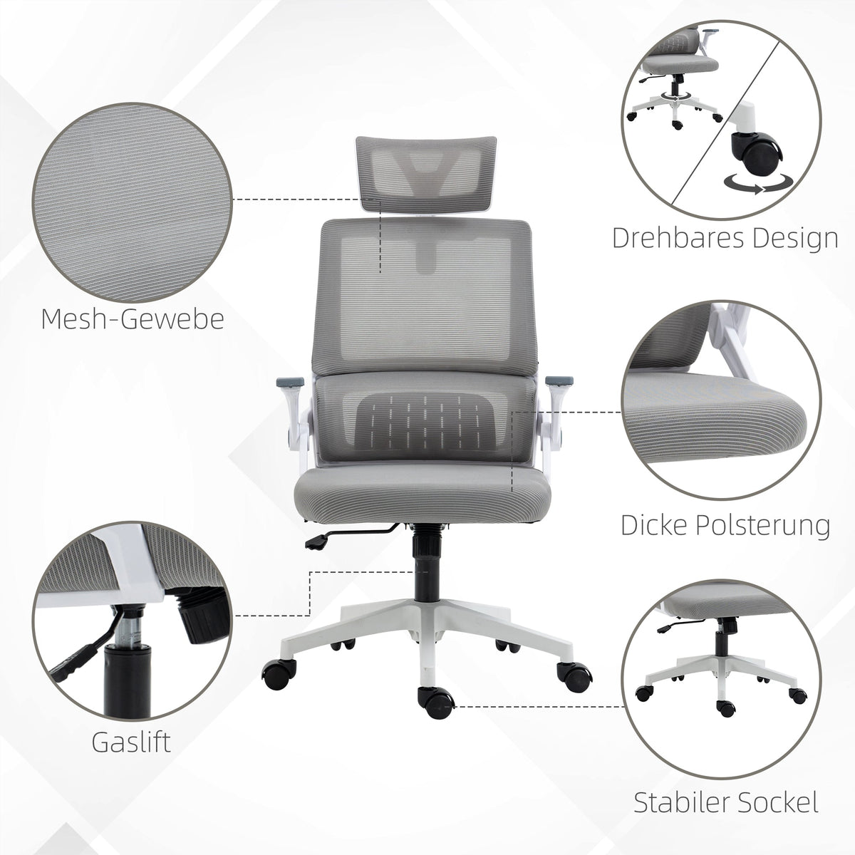 Office Chair Ergonomic Swivel, Adjustable Headrest, Armrests & Lumbar Support, Mesh