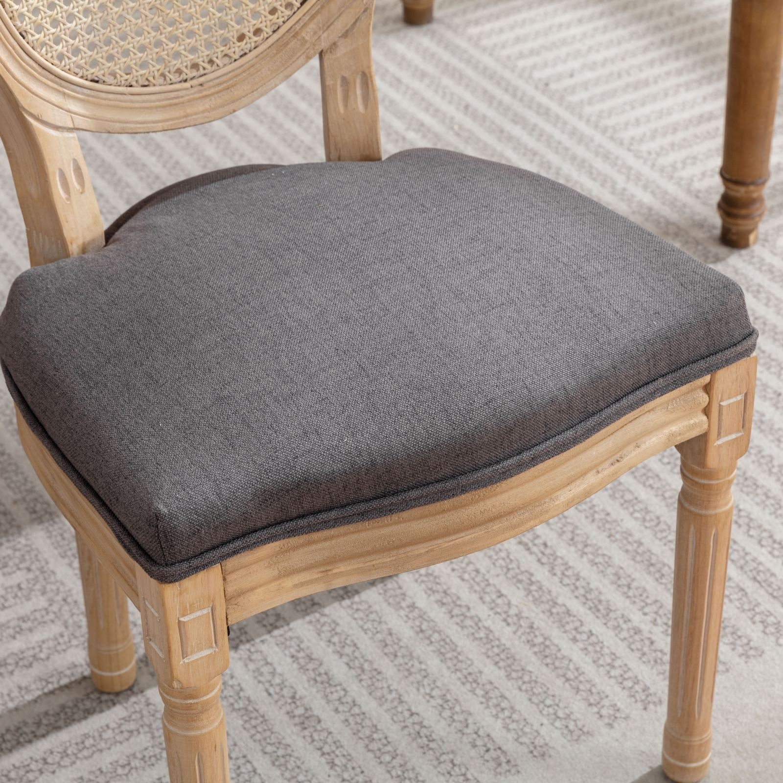 French Style Dining Chair Set of 2 Rattan Back Solid Wood - Gray Linen