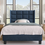 Modern design upholstered bed, single with slatted frame 90x200cm, blue linen