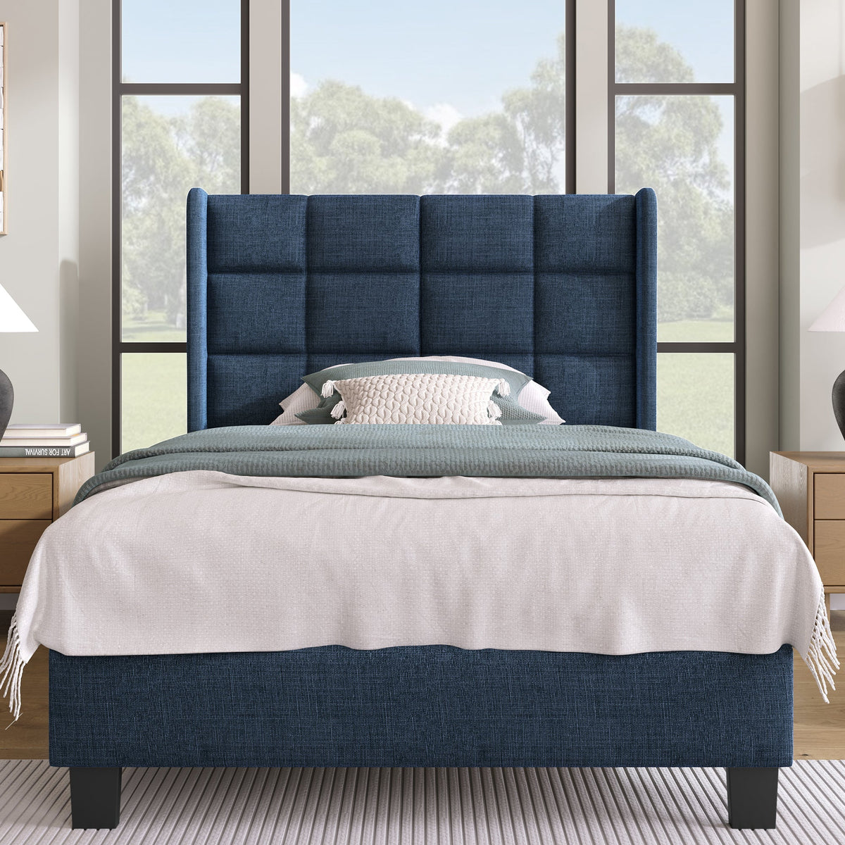 Modern design upholstered bed, single with slatted frame 90x200cm, blue linen
