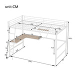 Loft Bed with L-Shaped Desk and Shelf, 90x200cm Metal Frame, White